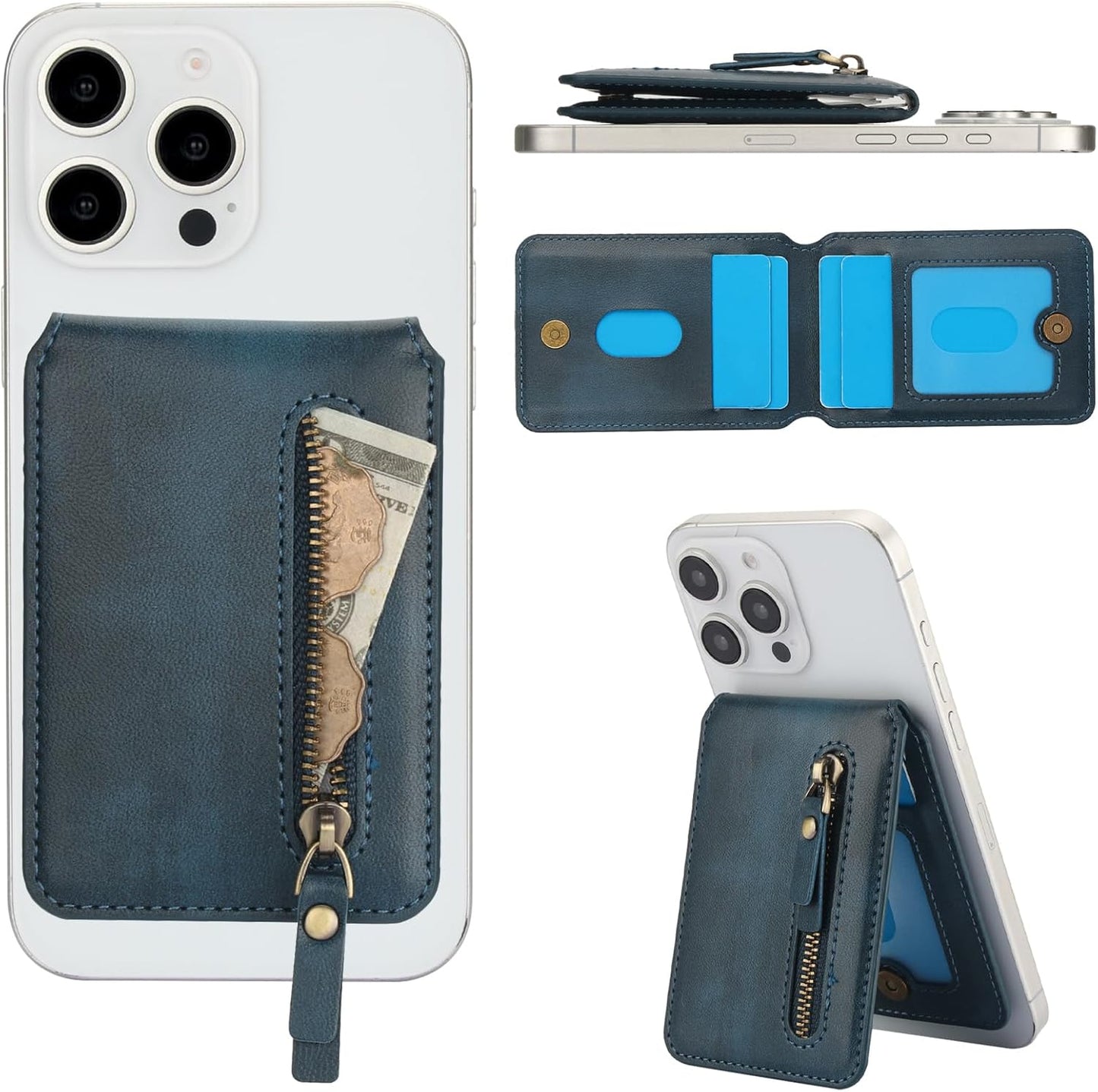 Magnetic card holder phone case suitable for iPhone 16 Pro, zipper magnetic split magnetic wallet with adjustable bracket Brown