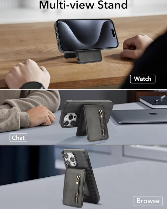 Magnetic card holder phone case suitable for iPhone 15 Pro, zipper magnetic split magnetic wallet with adjustable bracket Black