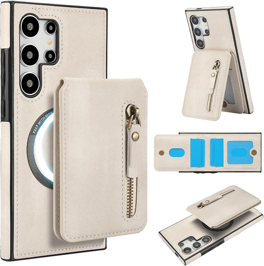 iTape Magnetic card holder phone case suitable for Samsung Galaxy S25 Ultra, zipper magnetic split magnetic wallet with adjustable bracket