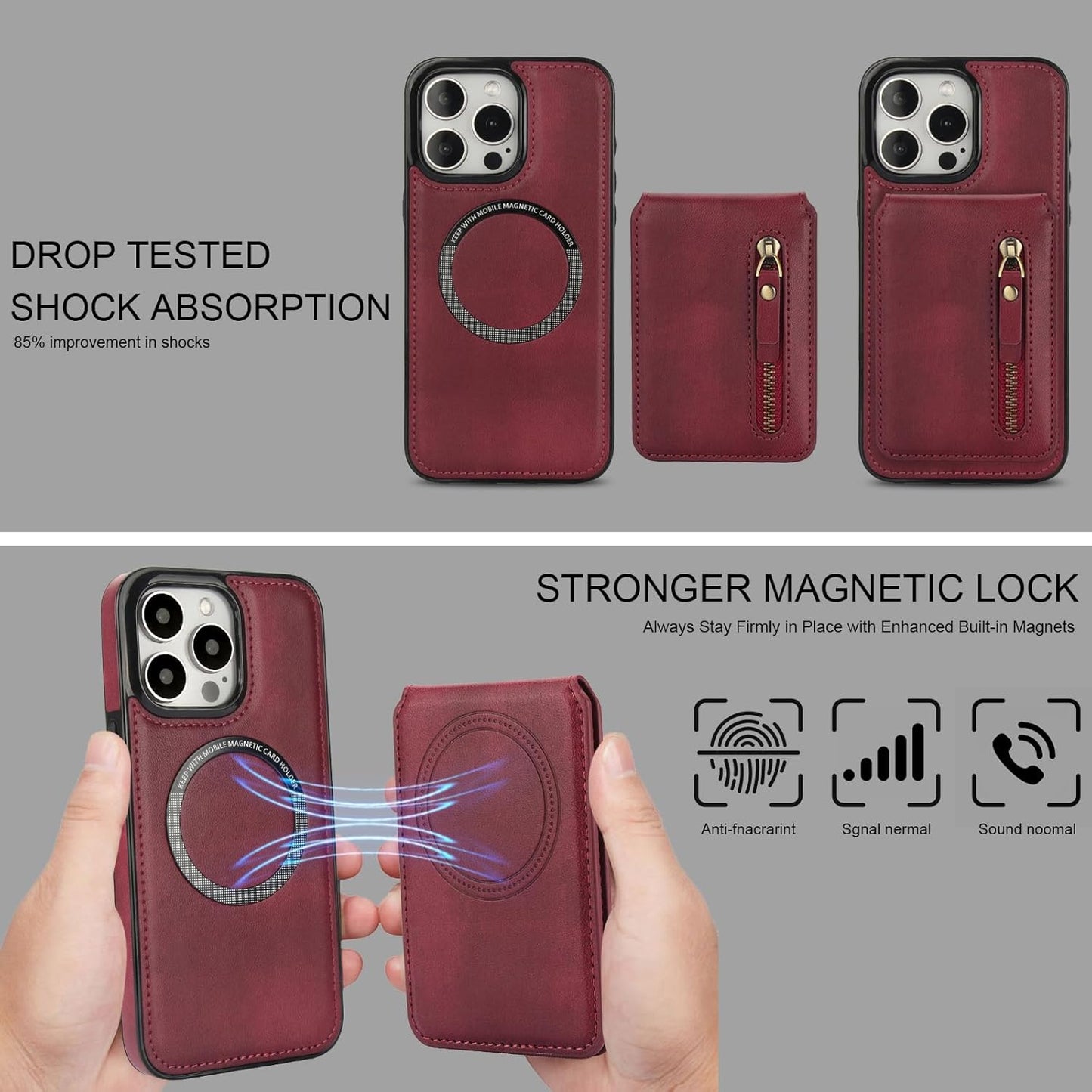 Magnetic card holder phone case suitable for iPhone 15 Pro max, zipper magnetic split magnetic wallet with adjustable bracket Brown