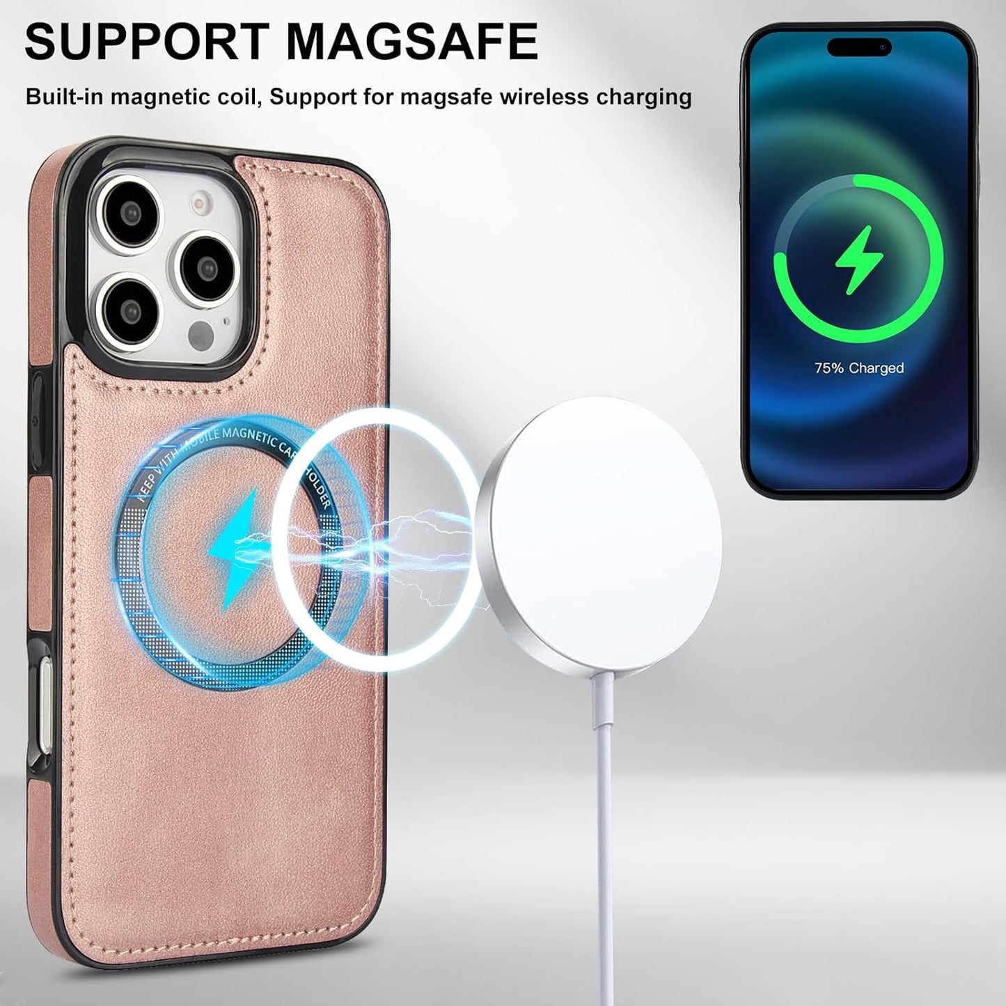 Magnetic card holder phone case suitable for iPhone 16 Pro, zipper magnetic split magnetic wallet with adjustable bracket Brown