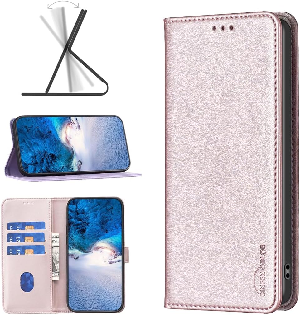 Leather Phone Case for iPhone 16E, Magnetic Leather Wallet Case, Flip Stand Shockproof Protection Gold