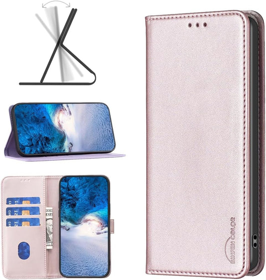 Leather Phone Case for iPhone 16E, Magnetic Leather Wallet Case, Flip Stand Shockproof Protection Gold