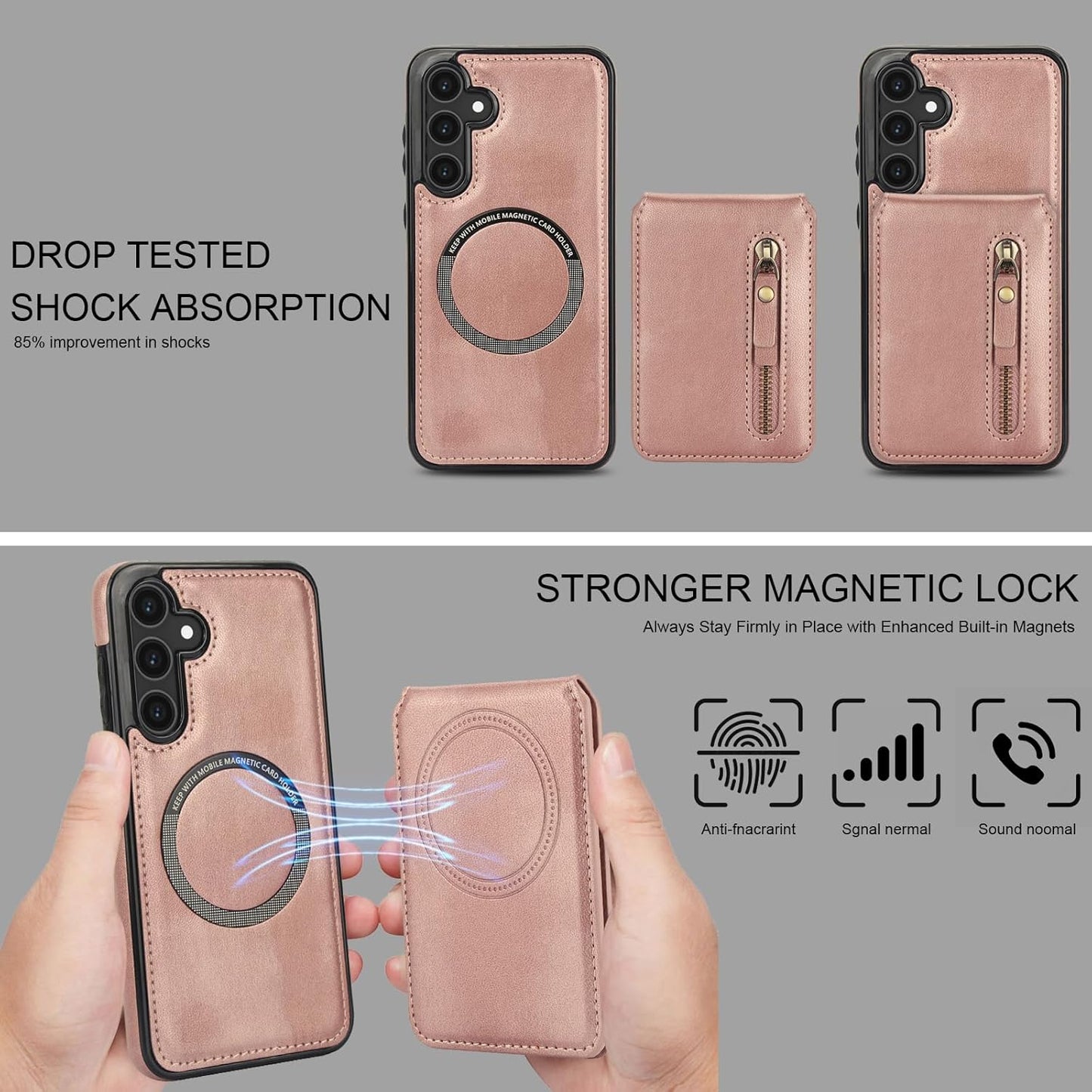 iTape Magnetic card holder phone case suitable for Samsung Galaxy S25+, zipper magnetic split magnetic wallet with adjustable bracket Pink