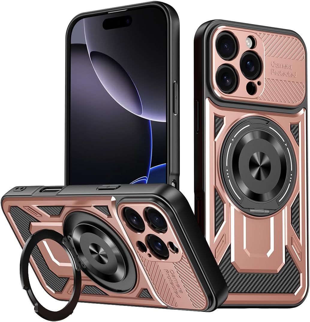 Hard Plated PC Armor Cover for iPhone 16 Pro max with 360° Rotating Metal Ring Strong Magnetic Car Mount Phone Case Support wireless charging Gray