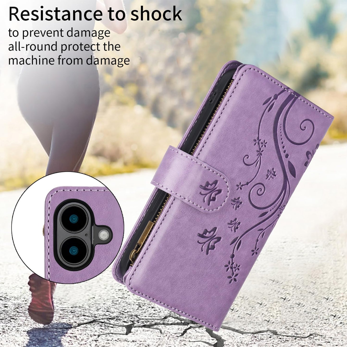 Orchid Butterfly Phone Case for iPhone 16 with Multiple Card Slots Wallet, Magnetic Closure Bracket, Shockproof Protective Phone Case Wristband