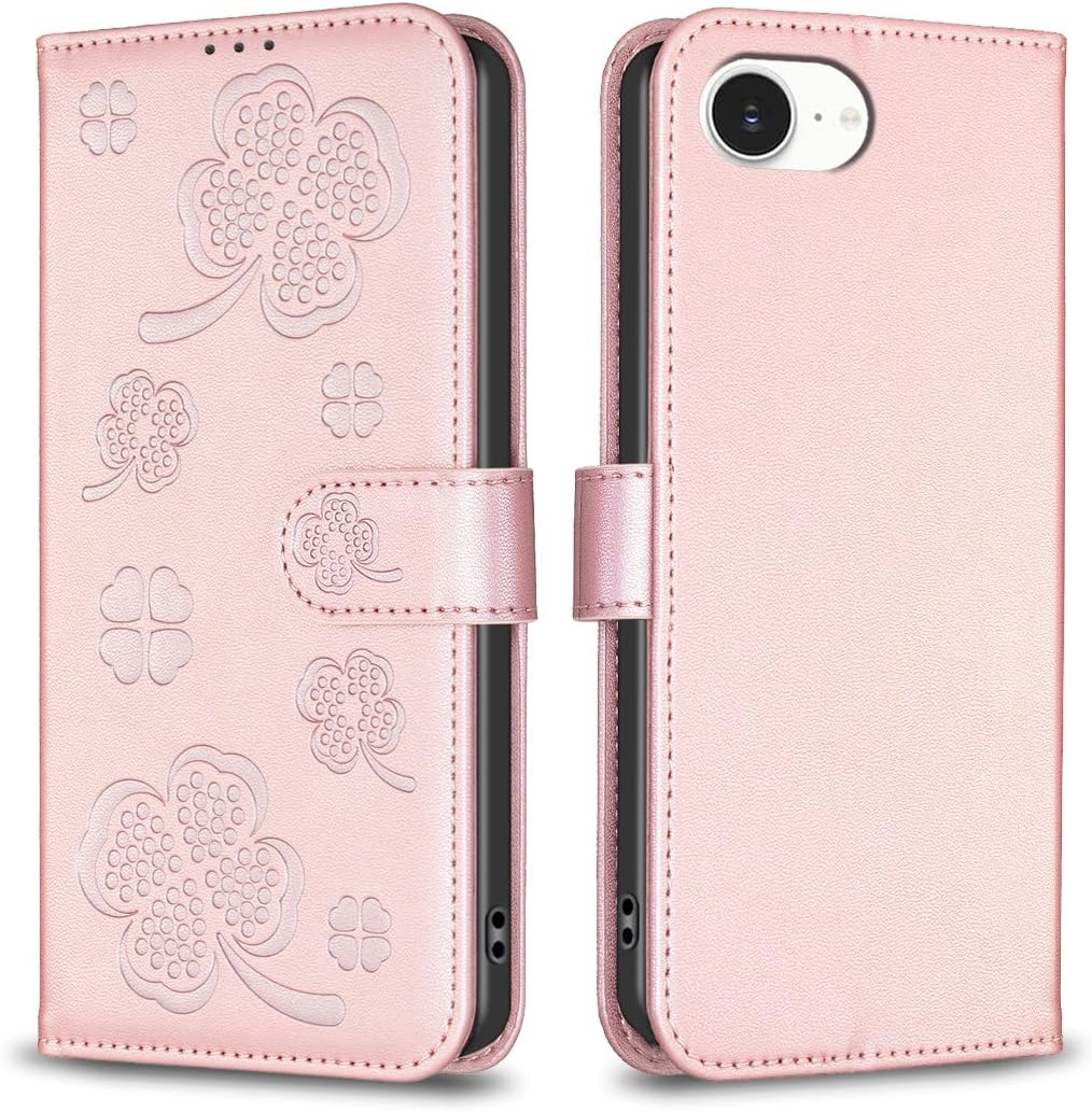 Wallet Leather Case for iPhone 16E, Embossed Four Leaf Clover Design, Magnetic Snap Wallet Case, Flip Shockproof Case Pink