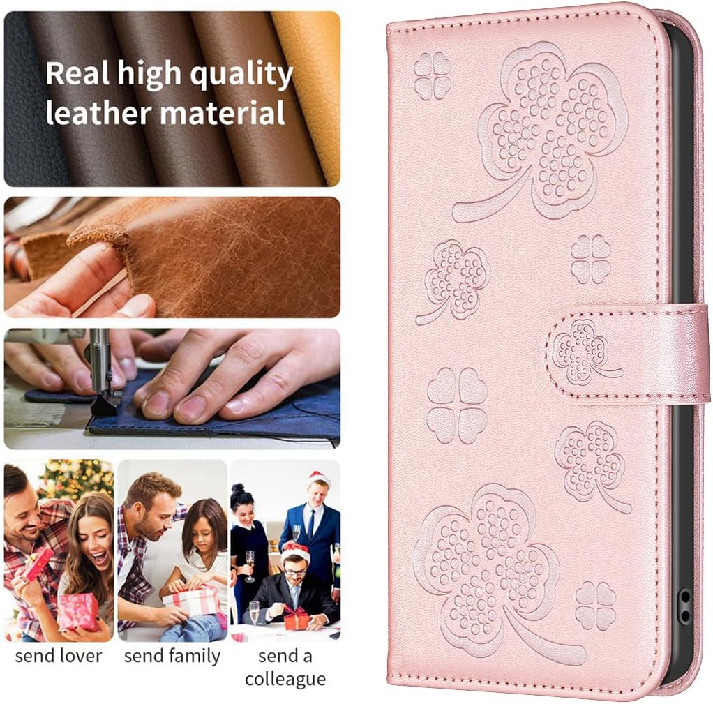 Wallet Leather Case for iPhone 16E, Embossed Four Leaf Clover Design, Magnetic Snap Wallet Case, Flip Shockproof Case Pink