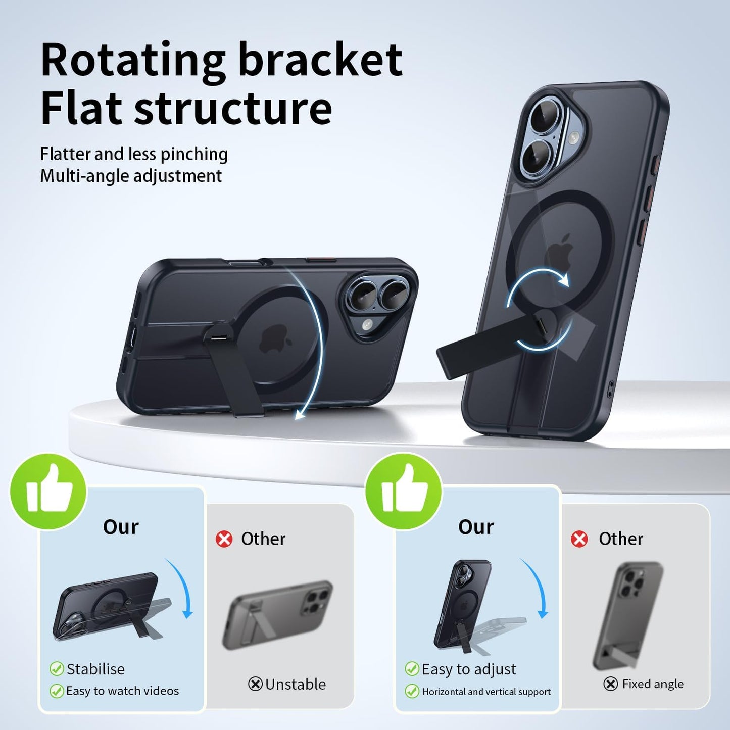 Magnetic phone case for iPhone 16, supports wireless charging, 360° rotating invisible bracket, military-grade anti-drop protection Blue