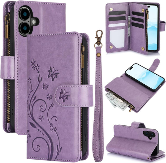 Orchid Butterfly Phone Case for iPhone 16 with Multiple Card Slots Wallet, Magnetic Closure Bracket, Shockproof Protective Phone Case Wristband