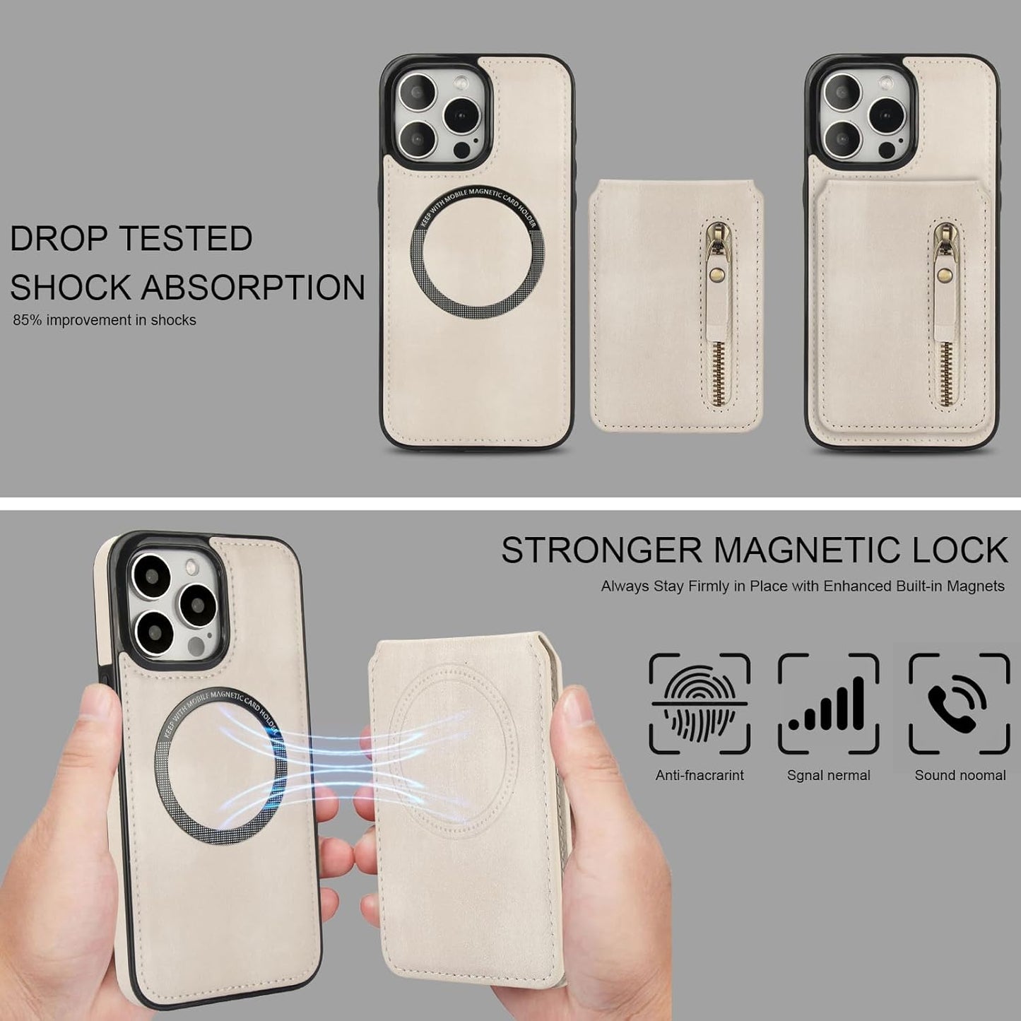 Magnetic card holder phone case suitable for iPhone 15 Pro, zipper magnetic split magnetic wallet with adjustable bracket Black