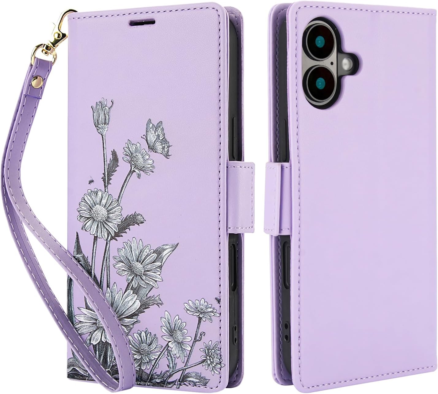 Printed Wallet Phone Case for iPhone 16 Plus, RFID (Anti-Theft), Wallet Flip Stand with Wrist Strap for iPhone 16 Plus Rose Gold