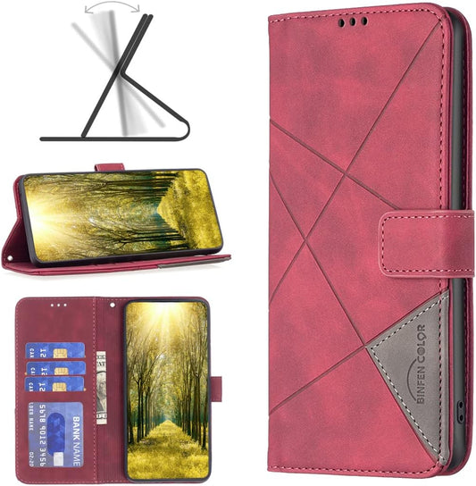 Denim pebbled phone case for iPhone 16E, magnetic buckle wallet case, flip-top stand for shock protection Red