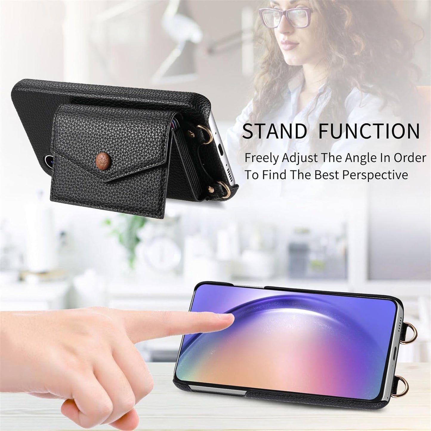 iTape Card Holder Wallet Phone Case for Samsung Galaxy A54 5G, Shockproof Ultra-thin Phone Case, Makeup Mirror with Crossbody Strap Brown
