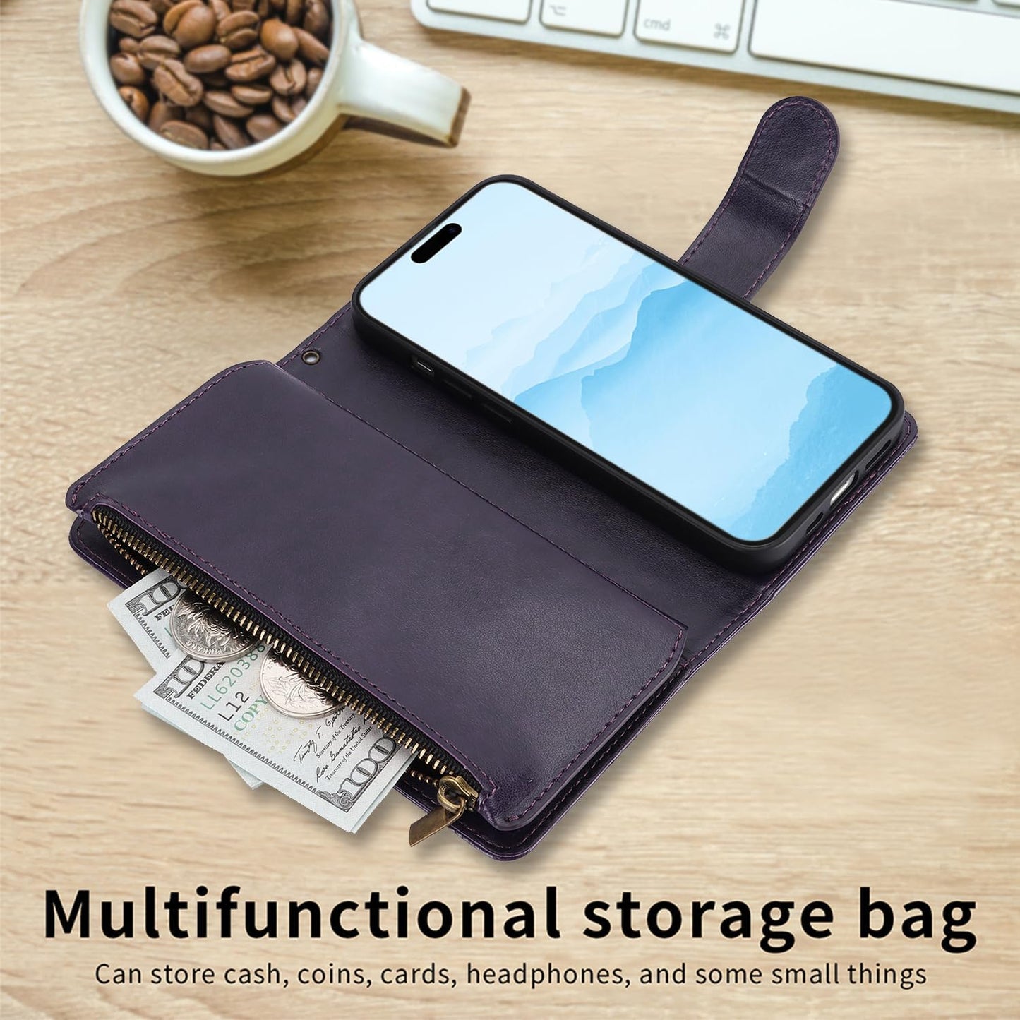 Orchid Butterfly Phone Case for iPhone 16 with Multiple Card Slots Wallet, Magnetic Closure Bracket, Shockproof Protective Phone Case Wristband
