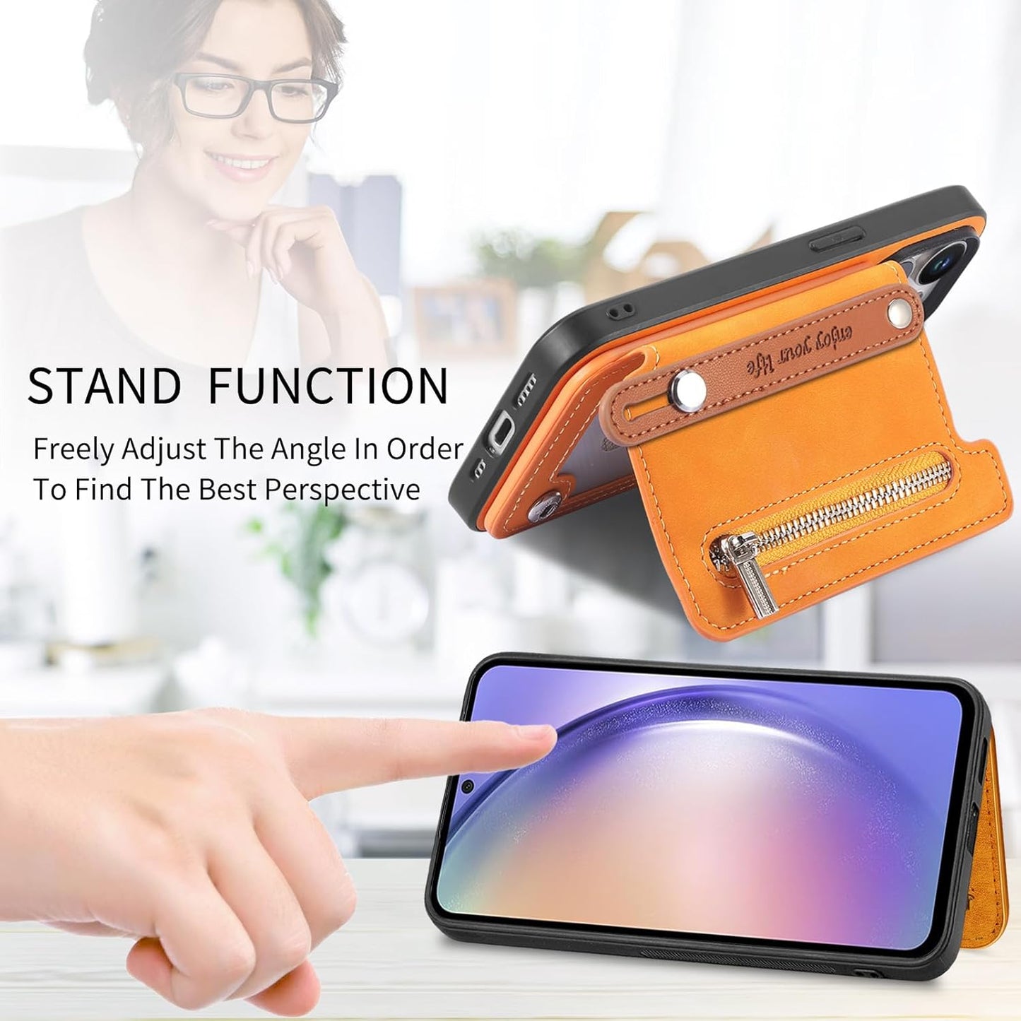 iTape Retro magnetic mobile phone case for Samsung Galaxy S25+, wireless charging magnetic car mount, Card slot, card holder, wrist strap bracket RFID anti-theft card Orange