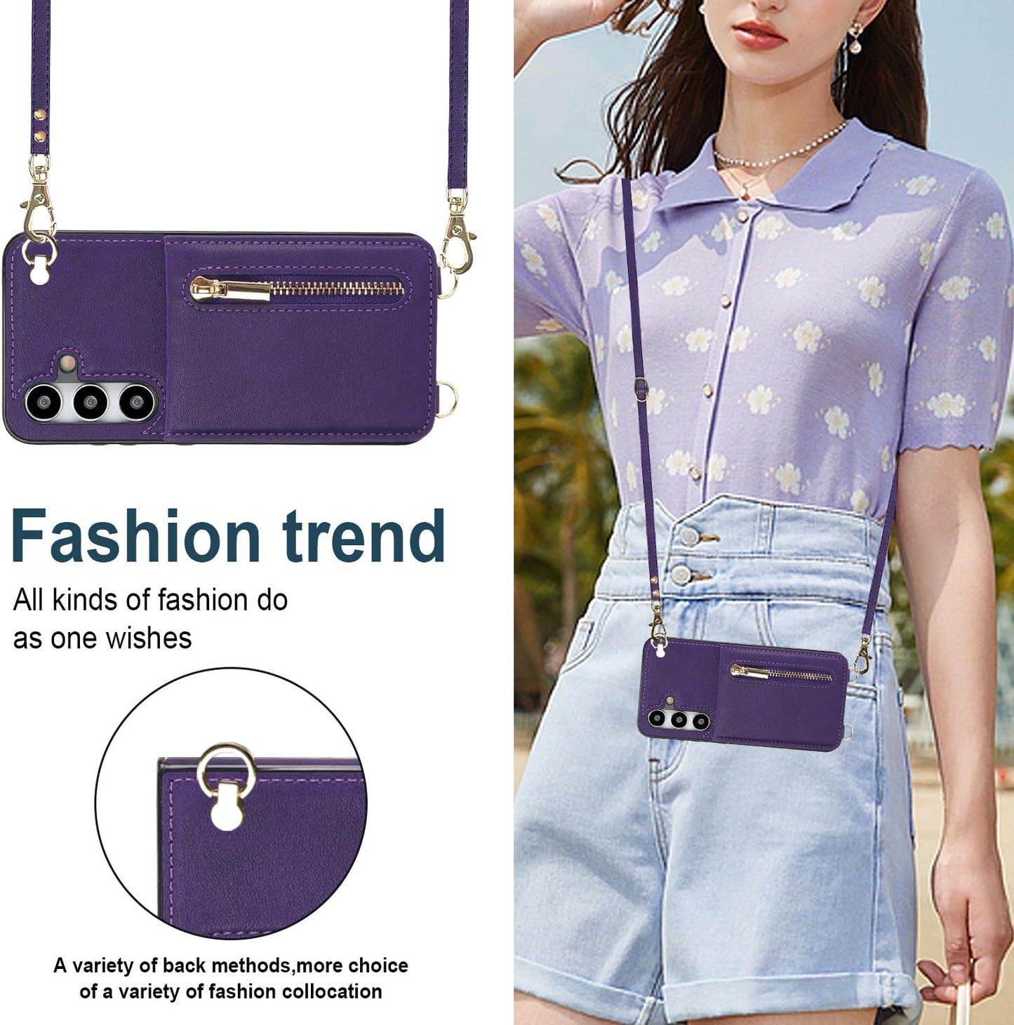 iTape Samsung Galaxy S24 plus Case Wallet, Zipper Coin Pouch, Credit Card Slot Holder, Wrist Strap, Samsung Galaxy S24 plus Case Adjustable Crossbody Lanyard [RFID Blocked] Purple