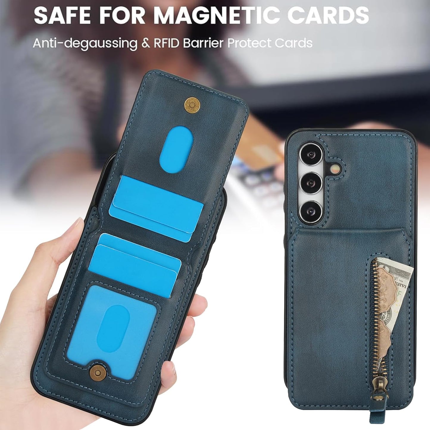 iTape Magnetic card holder phone case suitable for Samsung Galaxy S24+, zipper magnetic split magnetic wallet with adjustable bracket Blue