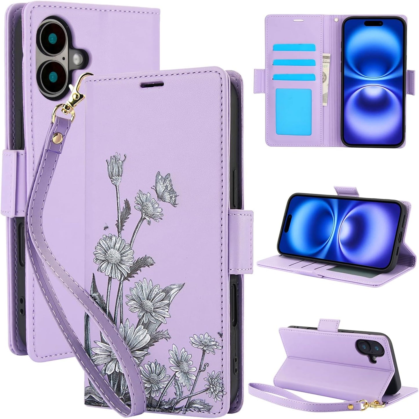 Printed Wallet Phone Case for iPhone 16 Plus, RFID (Anti-Theft), Wallet Flip Stand with Wrist Strap for iPhone 16 Plus Rose Gold