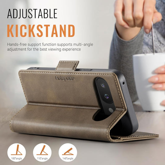 iTape Soft leather wallet case for Google Pixel 9a, RFID (anti-theft), wallet card slot flip cover stand for Google Pixel 9a Support wireless charging Brown