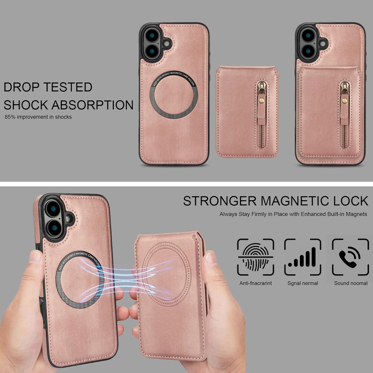 Magnetic card holder phone case suitable for iPhone 16, zipper magnetic split magnetic wallet with adjustable bracket Red
