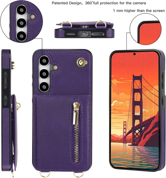 iTape Samsung Galaxy S24 plus Case Wallet, Zipper Coin Pouch, Credit Card Slot Holder, Wrist Strap, Samsung Galaxy S24 plus Case Adjustable Crossbody Lanyard [RFID Blocked] Purple