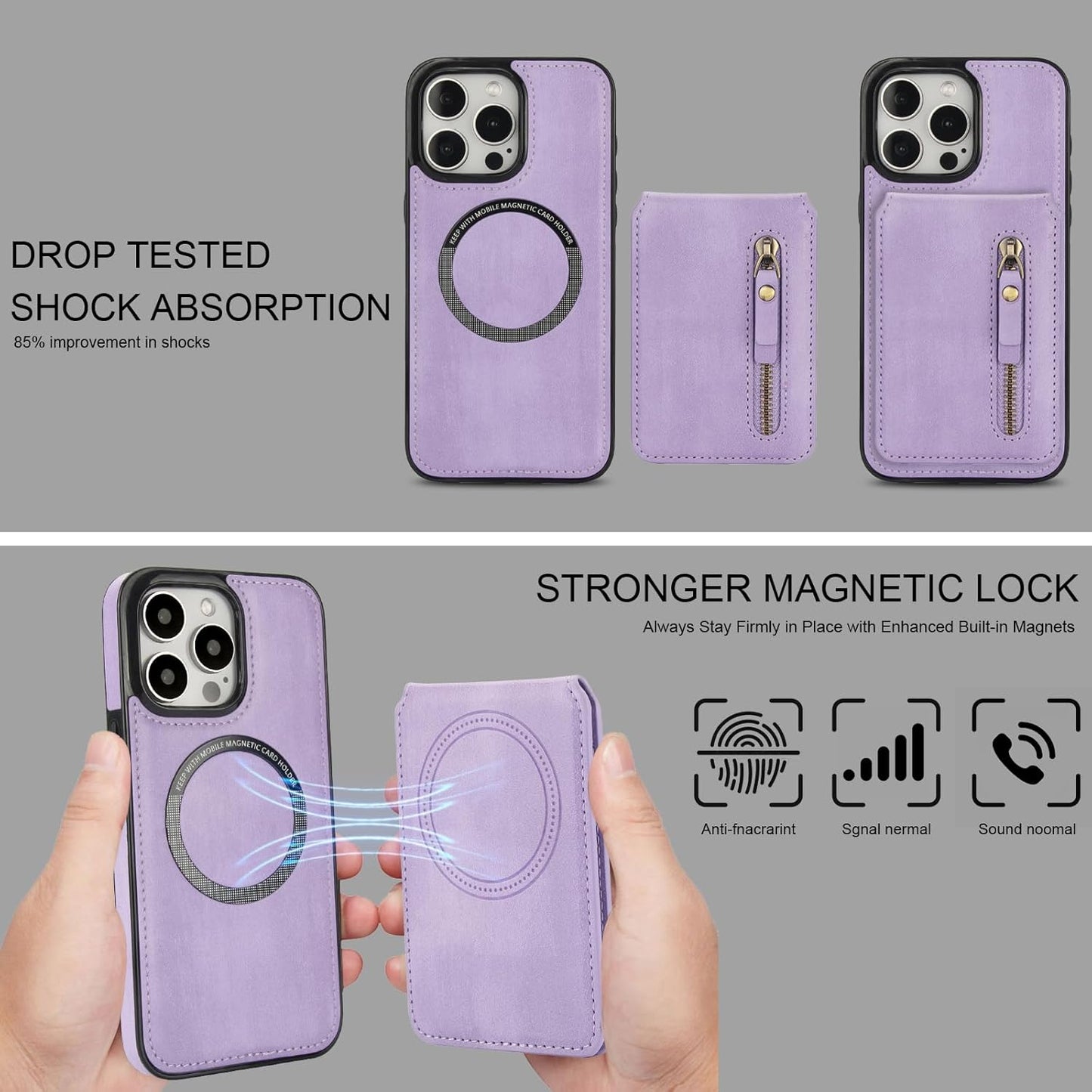 Magnetic card holder phone case suitable for iPhone 15 Pro max, zipper magnetic split magnetic wallet with adjustable bracket Brown