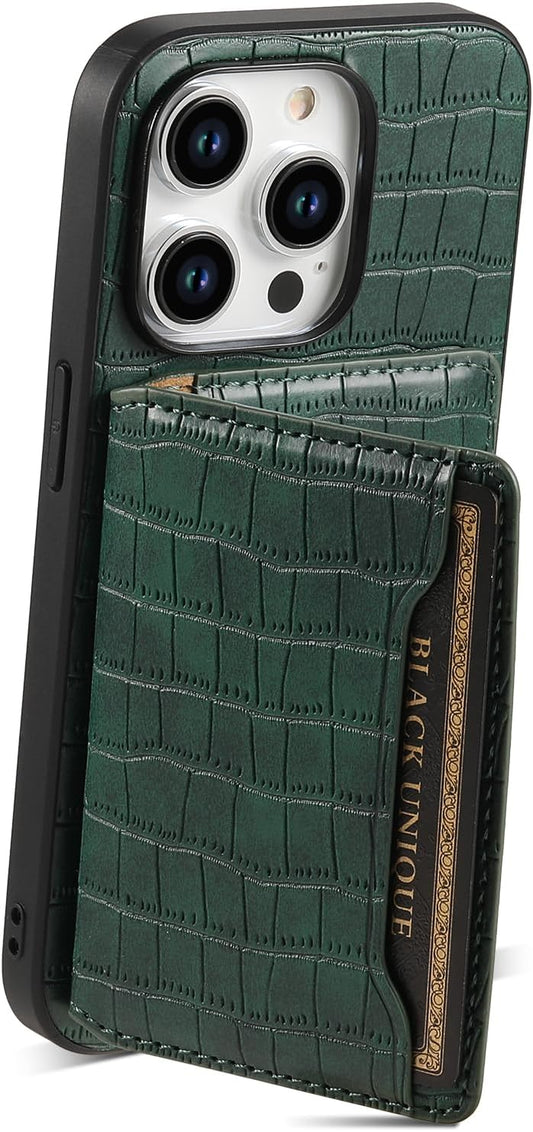 Crocodile pattern phone case suitable for iPhone 15 Pro max, magnetic card holder holder card slot phone case, Green
