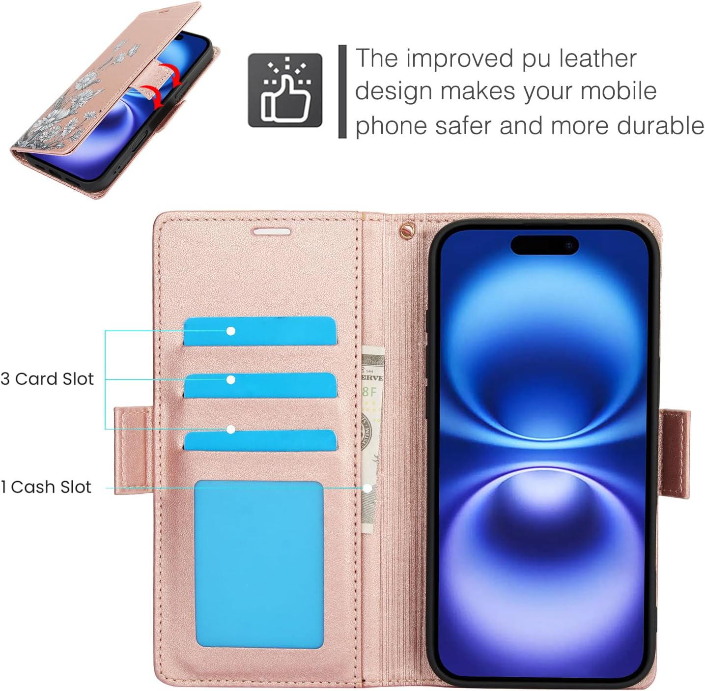 Printed Wallet Phone Case for iPhone 16 Plus, RFID (Anti-Theft), Wallet Flip Stand with Wrist Strap for iPhone 16 Plus Rose Gold