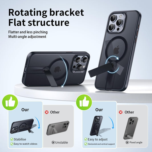 Magnetic phone case for iPhone 15 Pro max, supports wireless charging, 360° rotating invisible bracket, military-grade anti-drop protection Black