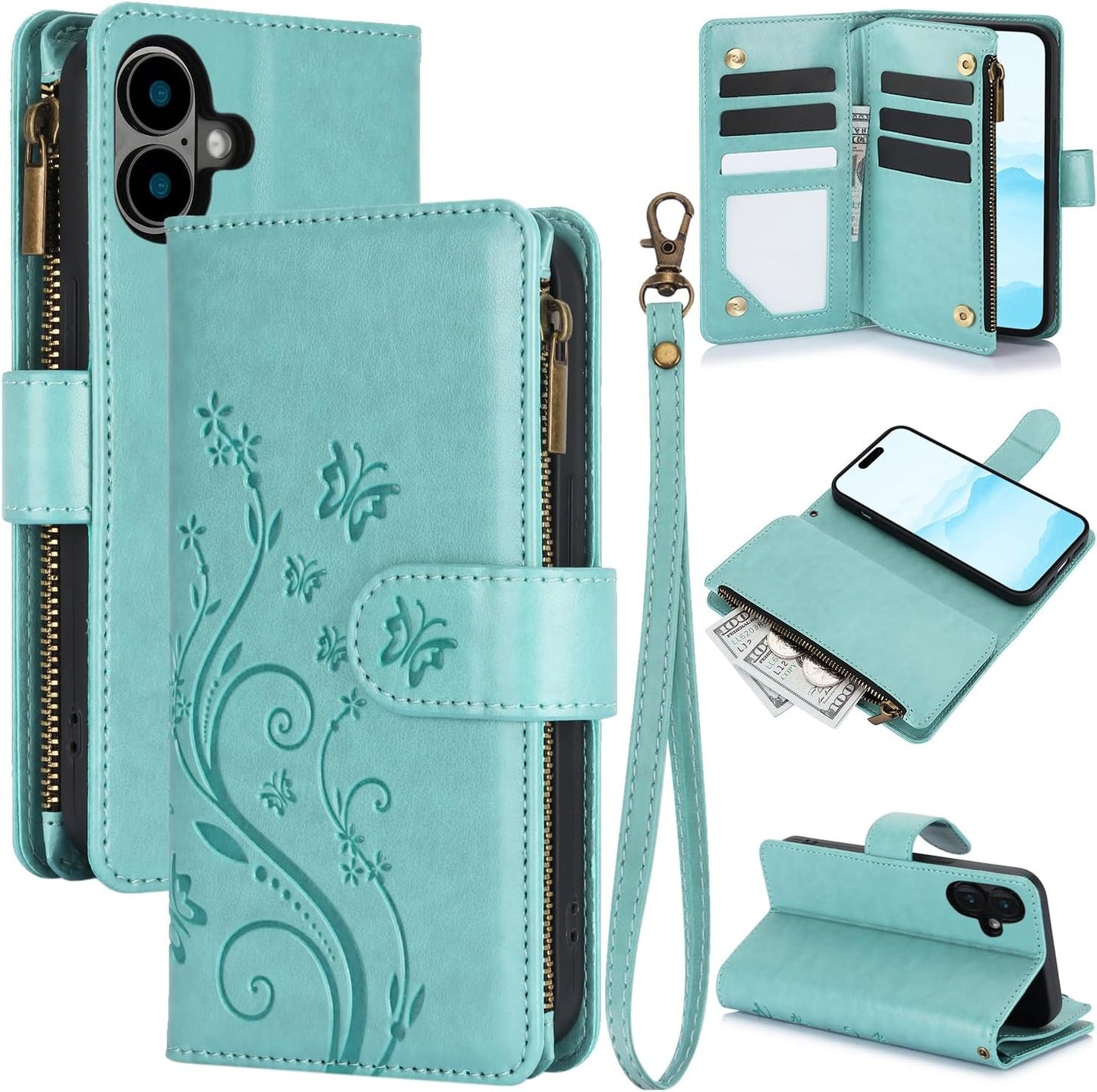 Orchid Butterfly Phone Case for iPhone 16 with Multiple Card Slots Wallet, Magnetic Closure Bracket, Shockproof Protective Phone Case Wristband