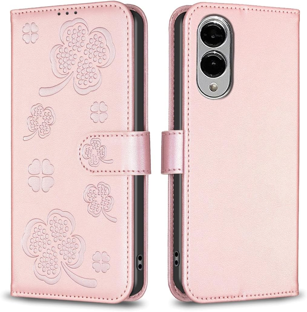 iTape Wallet Leather Case for Samsung Galaxy S25 Edge, Embossed Four Leaf Clover Design, Magnetic Snap Wallet Case, Flip Shockproof Case Red