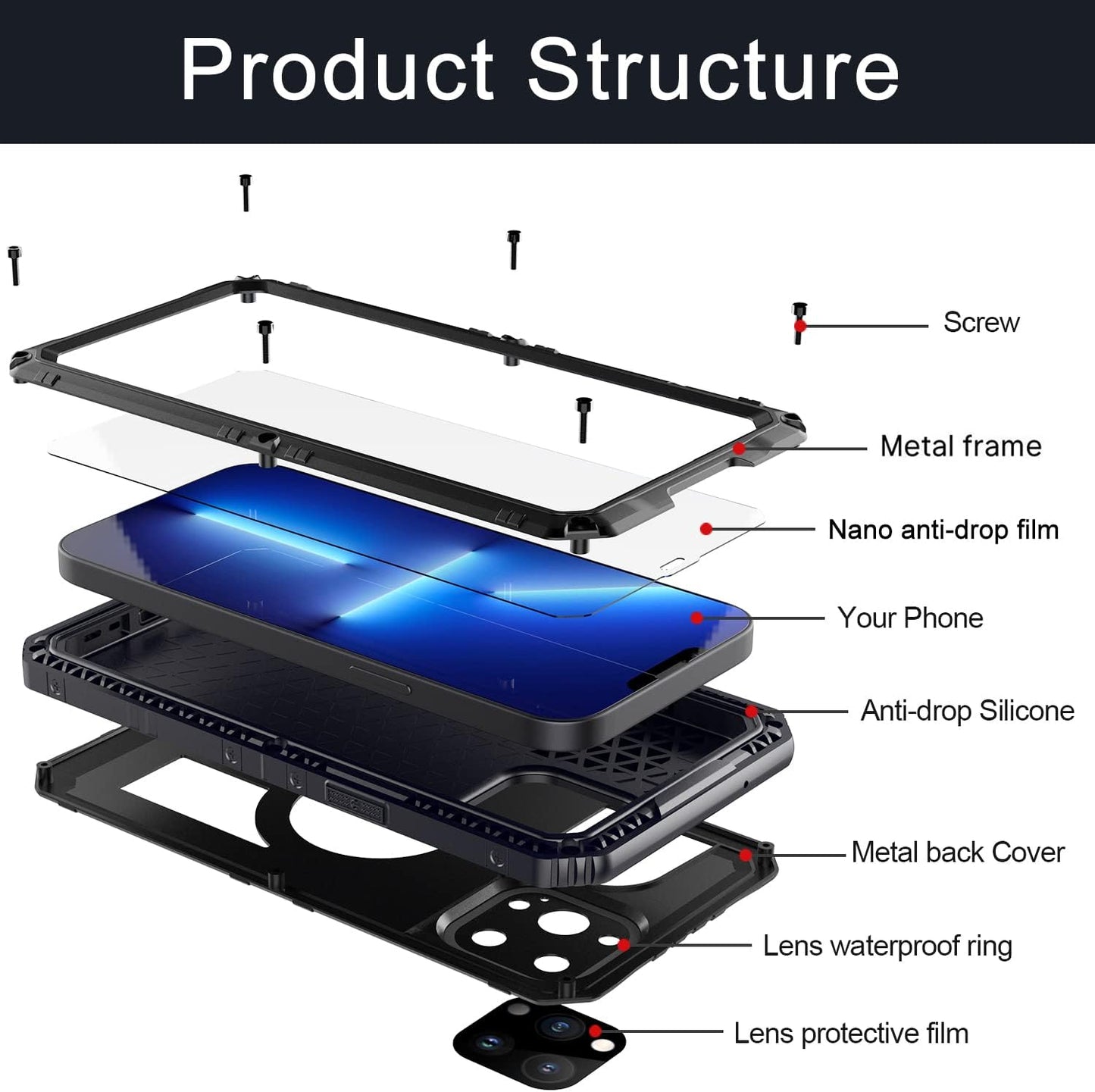 Case for iPhone 13 Pro max, 360° Waterproof IP68 Shockproof Hard Shell Metal Military Heavy Duty Rugged Protective Case for iPhone 13 Pro max Magnetic Wireless Charging Red