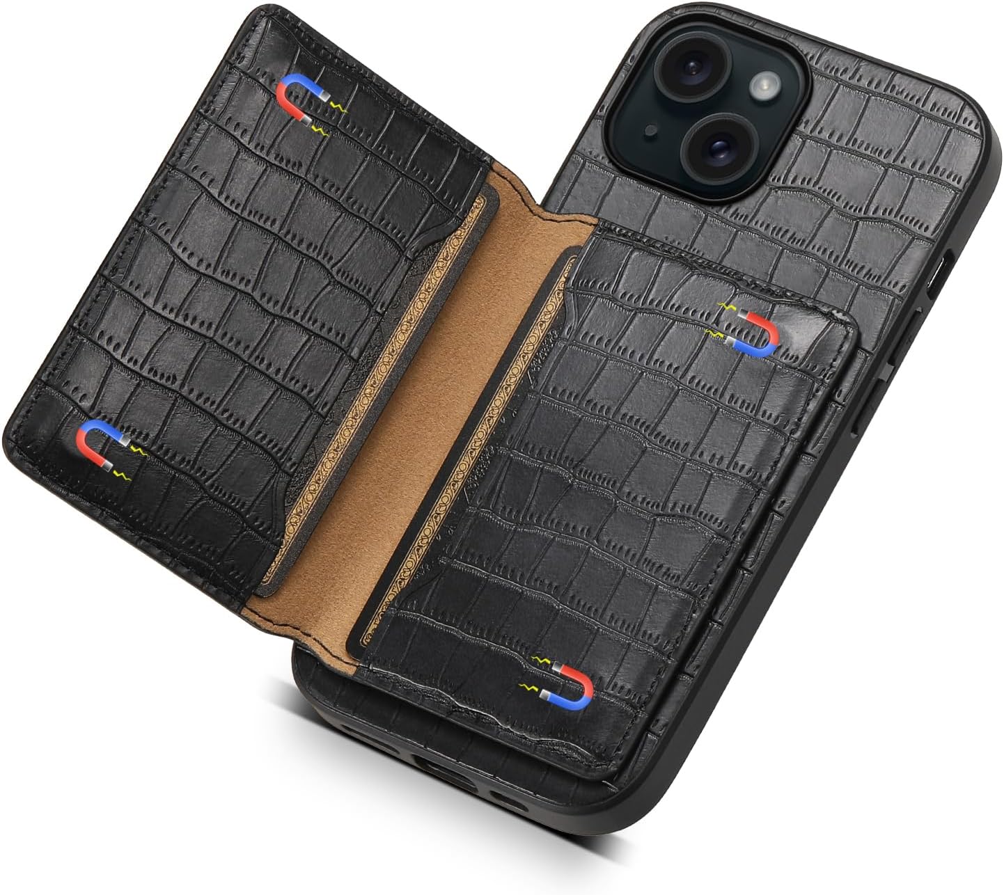 Crocodile pattern phone case suitable for iPhone 15 Pro max, magnetic card holder holder card slot phone case, Green