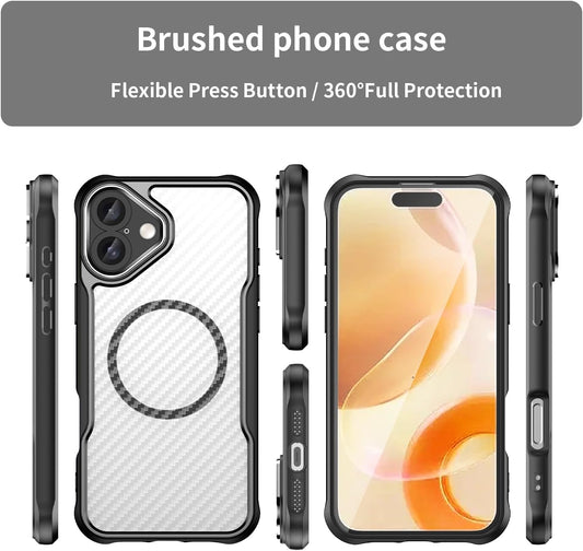 Magnetic carbon fibre case for iPhone 16 Plus, support wireless charging, carbon fibre shockproof slim case Black
