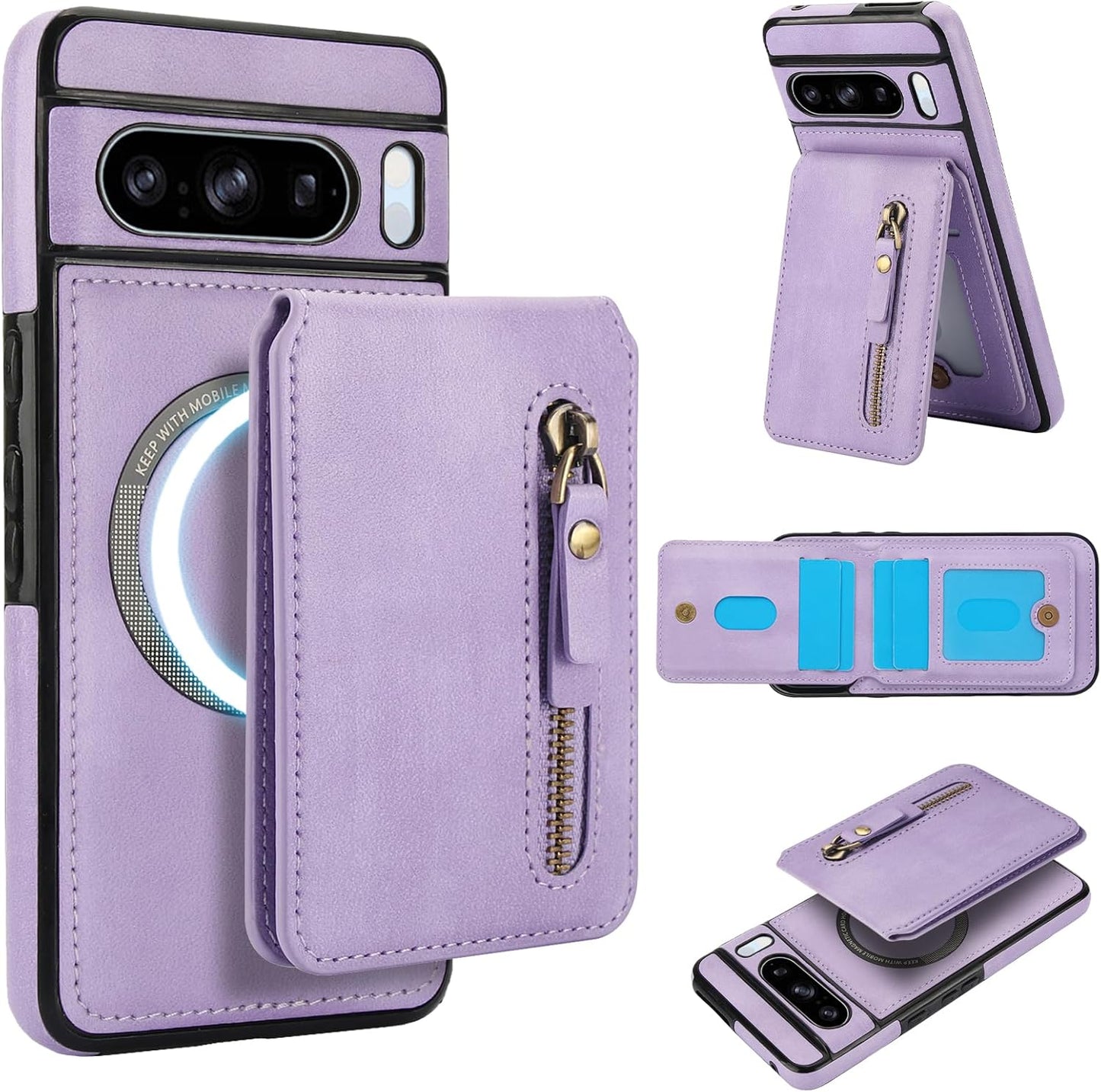 iTape Magnetic card holder phone case suitable for Google Pixel 8 Pro, zipper magnetic split magnetic wallet with adjustable bracket Brown