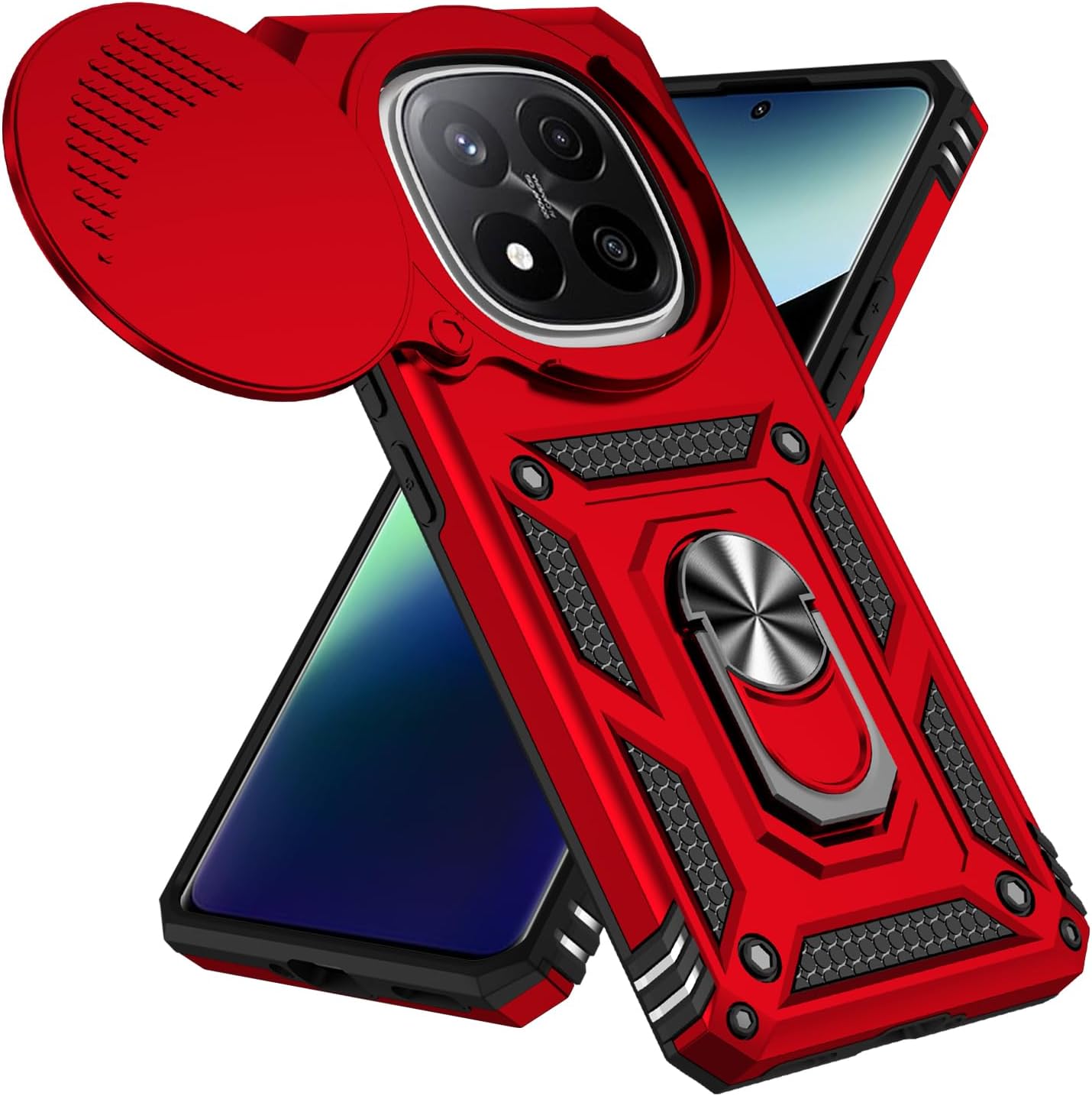 Magnetic Car Mount 2 in 1 Phone Case for Xiaomi Redmi Note 14 Pro+ 5G, Military Grade Protective Case, Phone Case Built-in 360° Rotating Ring Bracket Buckle Push Window Lens Protection