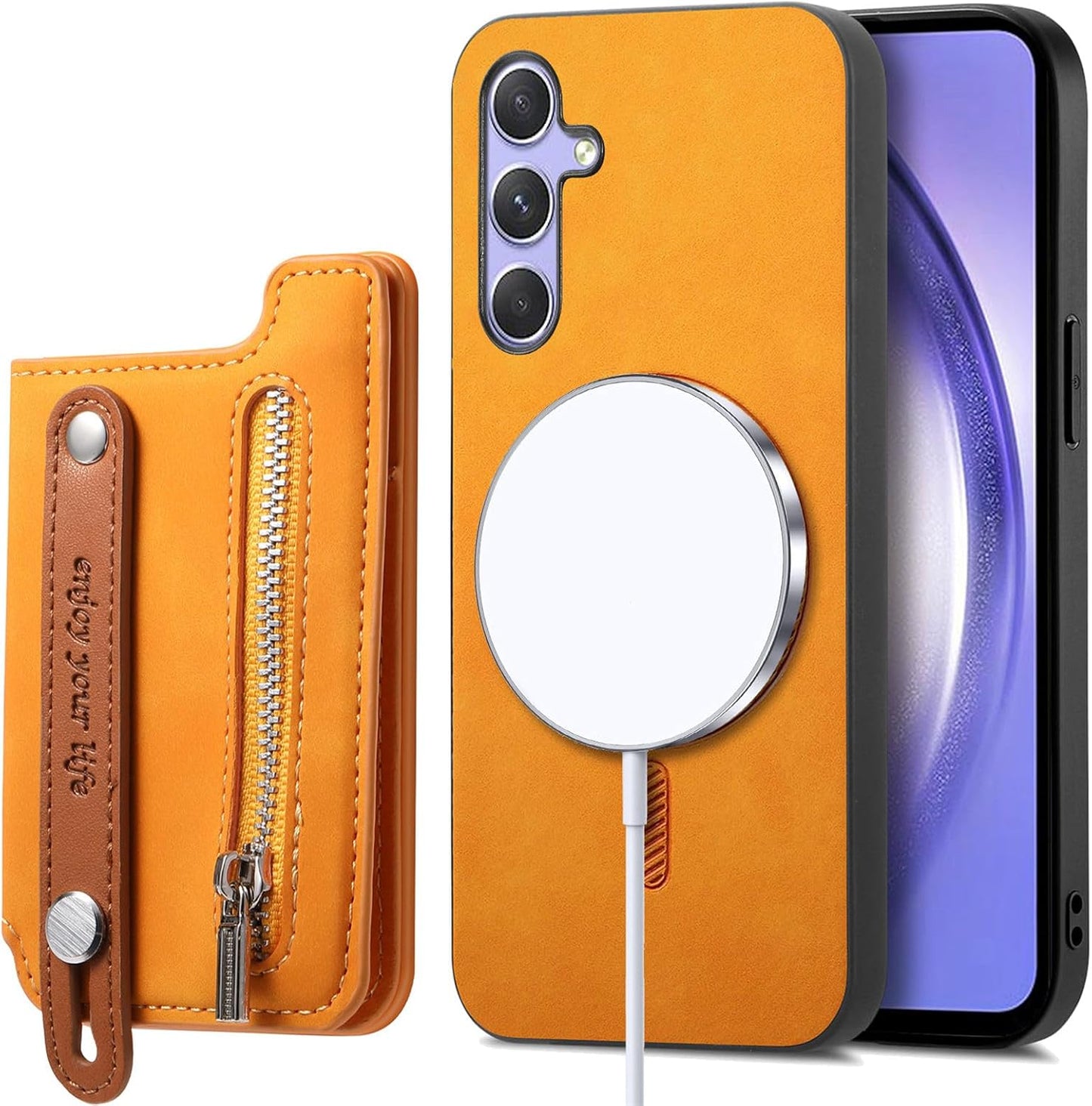 iTape Retro magnetic mobile phone case for Samsung Galaxy S25+, wireless charging magnetic car mount, Card slot, card holder, wrist strap bracket RFID anti-theft card Orange