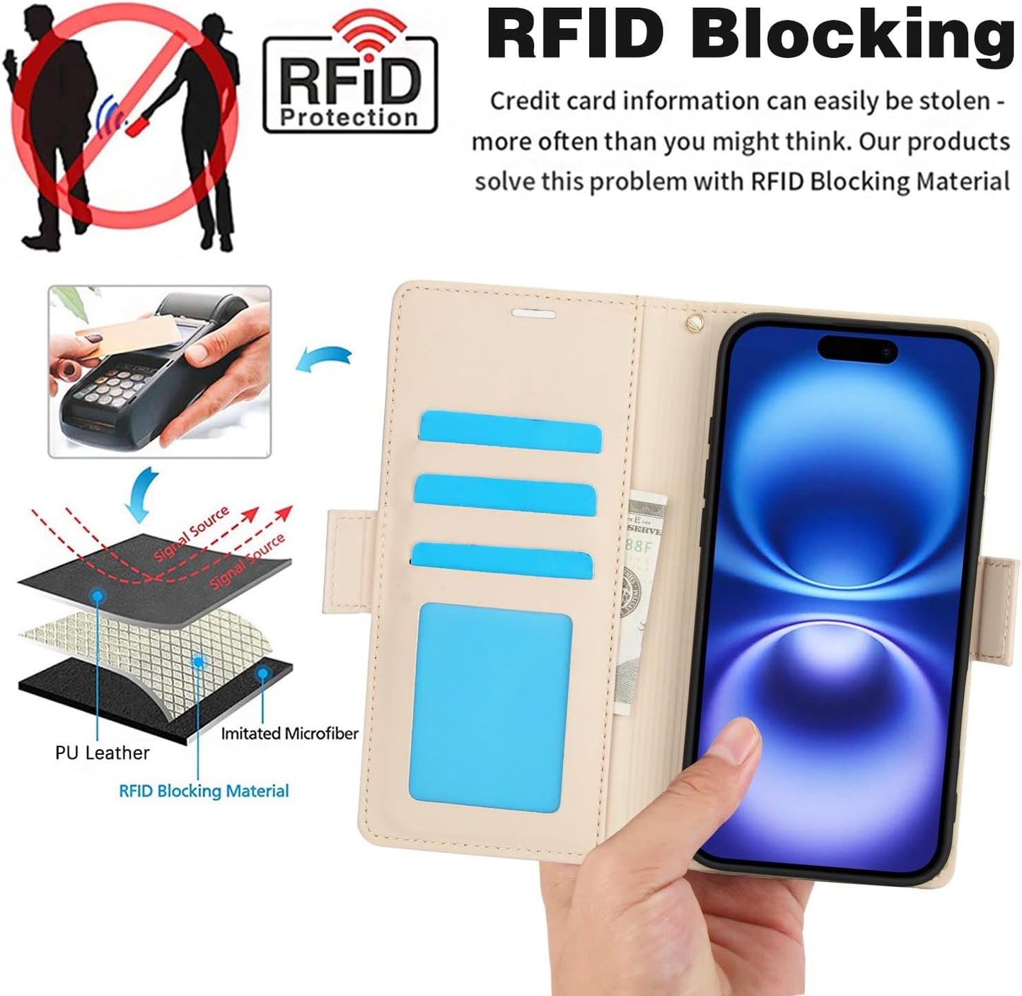 Printed Wallet Phone Case for iPhone 16 Plus, RFID (Anti-Theft), Wallet Flip Stand with Wrist Strap for iPhone 16 Plus Rose Gold