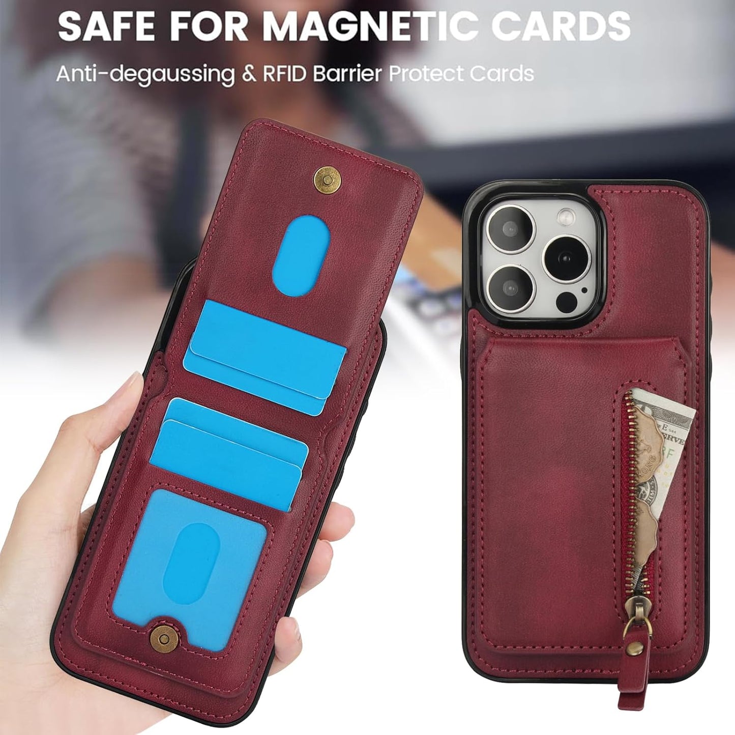 Magnetic card holder phone case suitable for iPhone 15 Pro max, zipper magnetic split magnetic wallet with adjustable bracket Brown