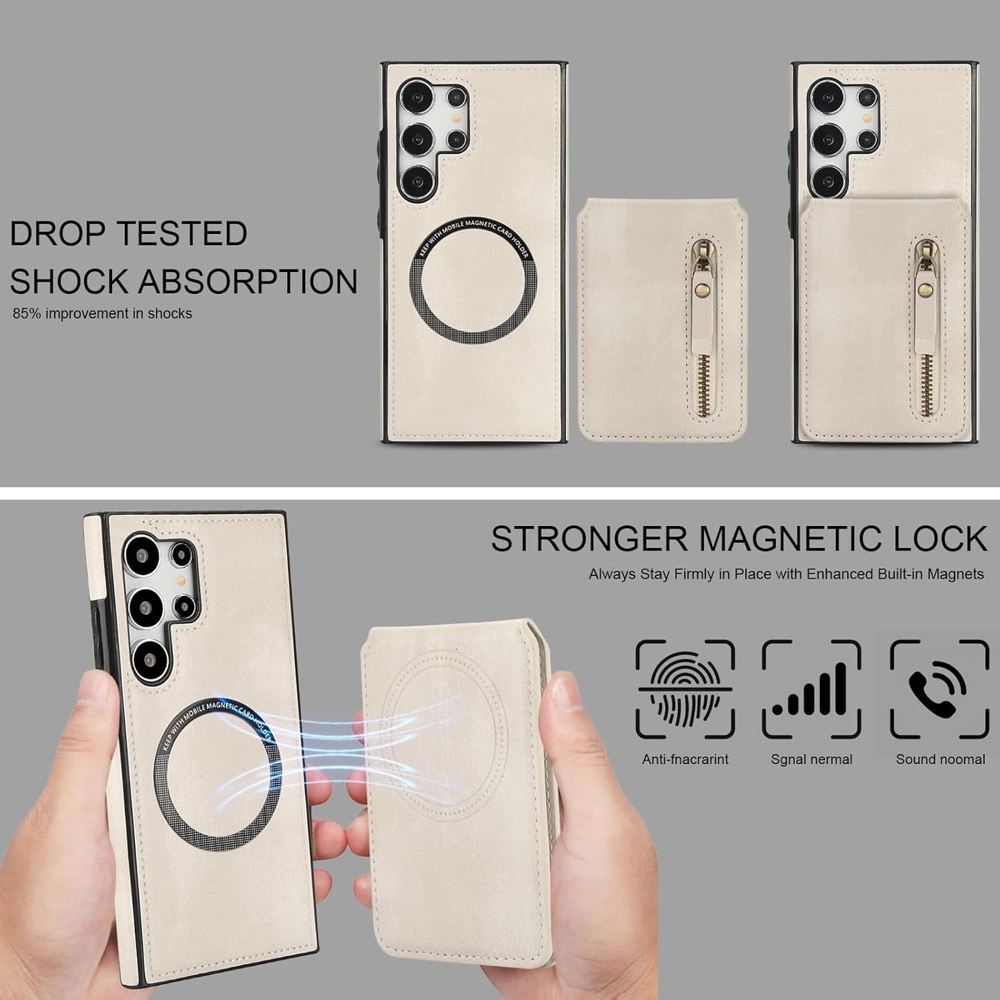 iTape Magnetic Card Holder Phone case Suitable for Samsung Galaxy S24 Ultra, Zipper Magnetic Split Magnetic Wallet with Adjustable Bracket
