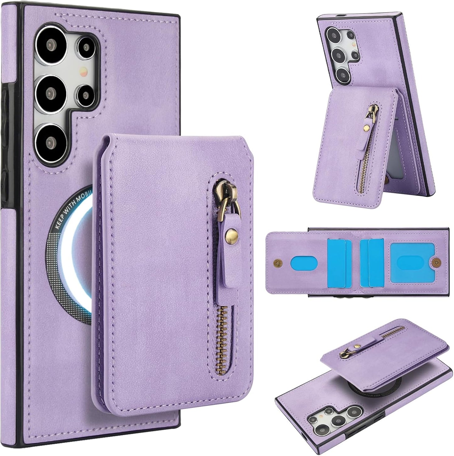 iTape Magnetic Card Holder Phone case Suitable for Samsung Galaxy S24 Ultra, Zipper Magnetic Split Magnetic Wallet with Adjustable Bracket