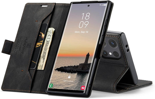 iTape Retro frosted soft leather mobile phone case for Samsung Galaxy S24 Ultra, RFID (anti-theft swipe), wallet card slot flip cover stand, Black