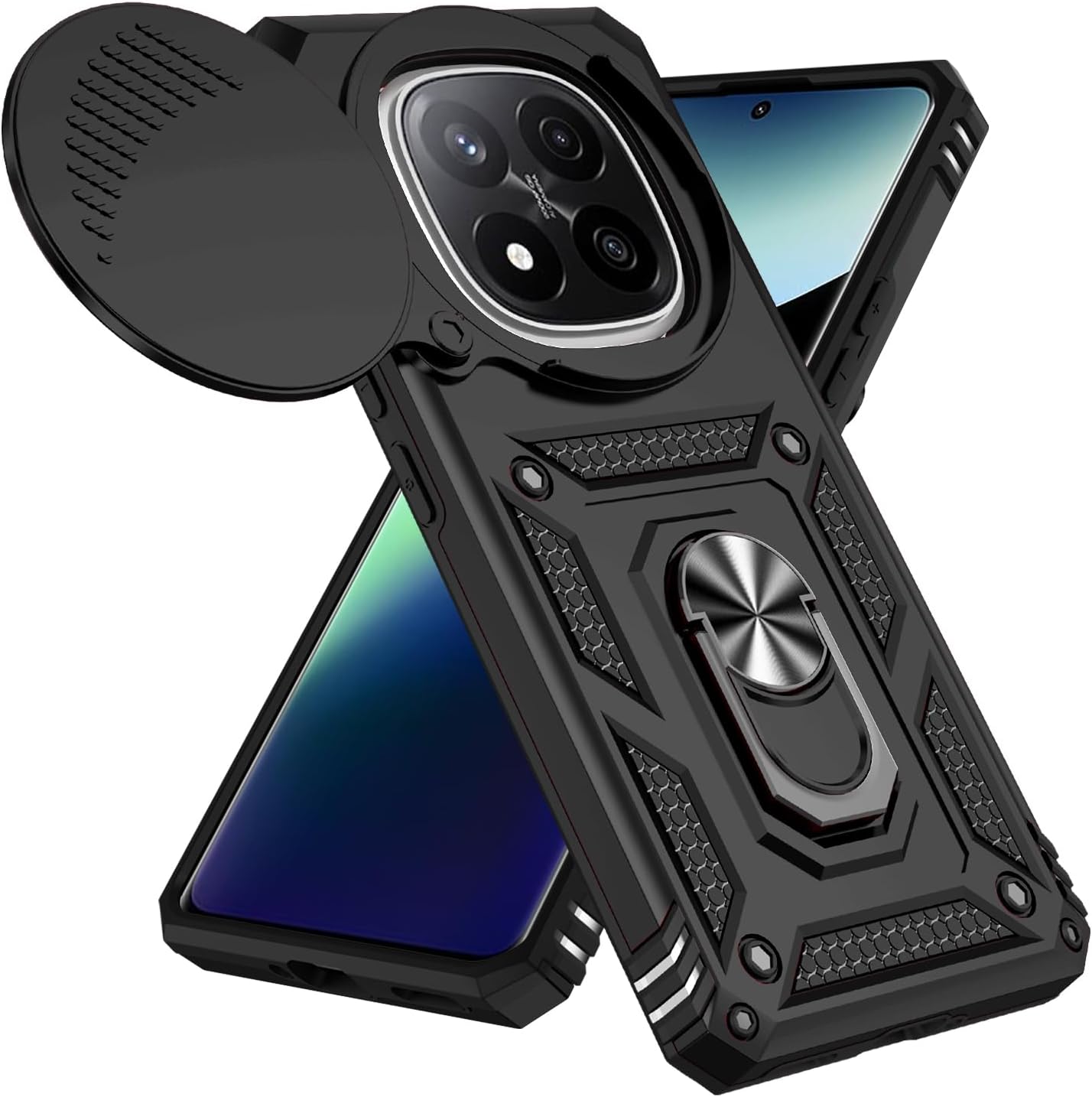 Magnetic Car Mount 2 in 1 Phone Case for Xiaomi Redmi Note 14 Pro+ 5G, Military Grade Protective Case, Phone Case Built-in 360° Rotating Ring Bracket Buckle Push Window Lens Protection