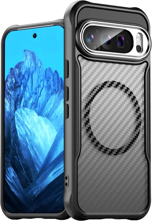 iTape Magnetic carbon fibre case for Google Pixel 9 Pro, support wireless charging, carbon fibre shockproof slim case Black