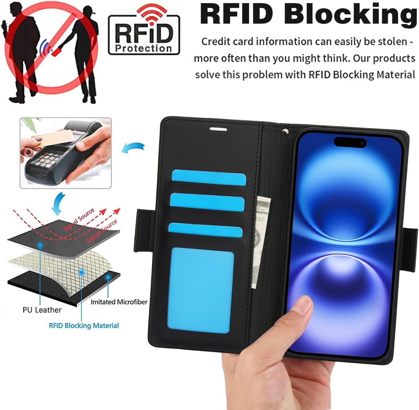 Printed Wallet Phone Case for iPhone 16 Plus, RFID (Anti-Theft), Wallet Flip Stand with Wrist Strap for iPhone 16 Plus Rose Gold