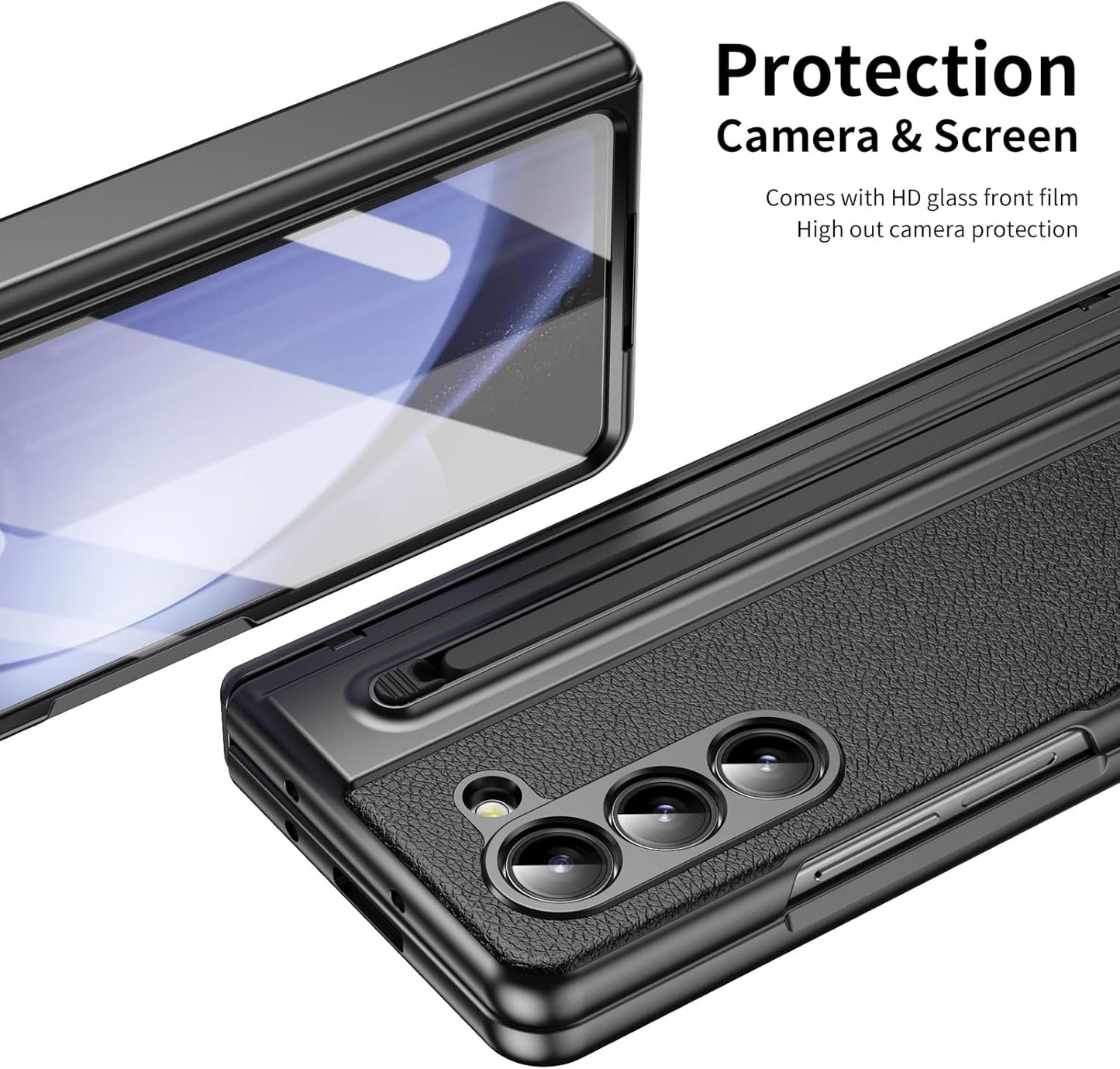 Lightweight phone case for Samsung Galaxy Z Fold5, hinged case supports wireless charging with lens protection, screen protector, complimentary stylus, drop-proof and fingerprint resistant