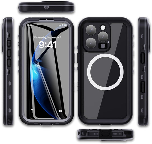 iTape Waterproof Phone Case for iPhone 16 Pro, Magnetic Case, Built-in Screen Protection, 360° Full Body Heavy Duty Shockproof IP68 Underwater Case with Lanyard Black