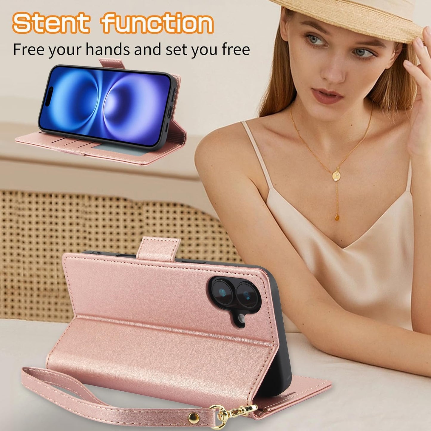 Printed Wallet Phone Case for iPhone 16 Plus, RFID (Anti-Theft), Wallet Flip Stand with Wrist Strap for iPhone 16 Plus Rose Gold