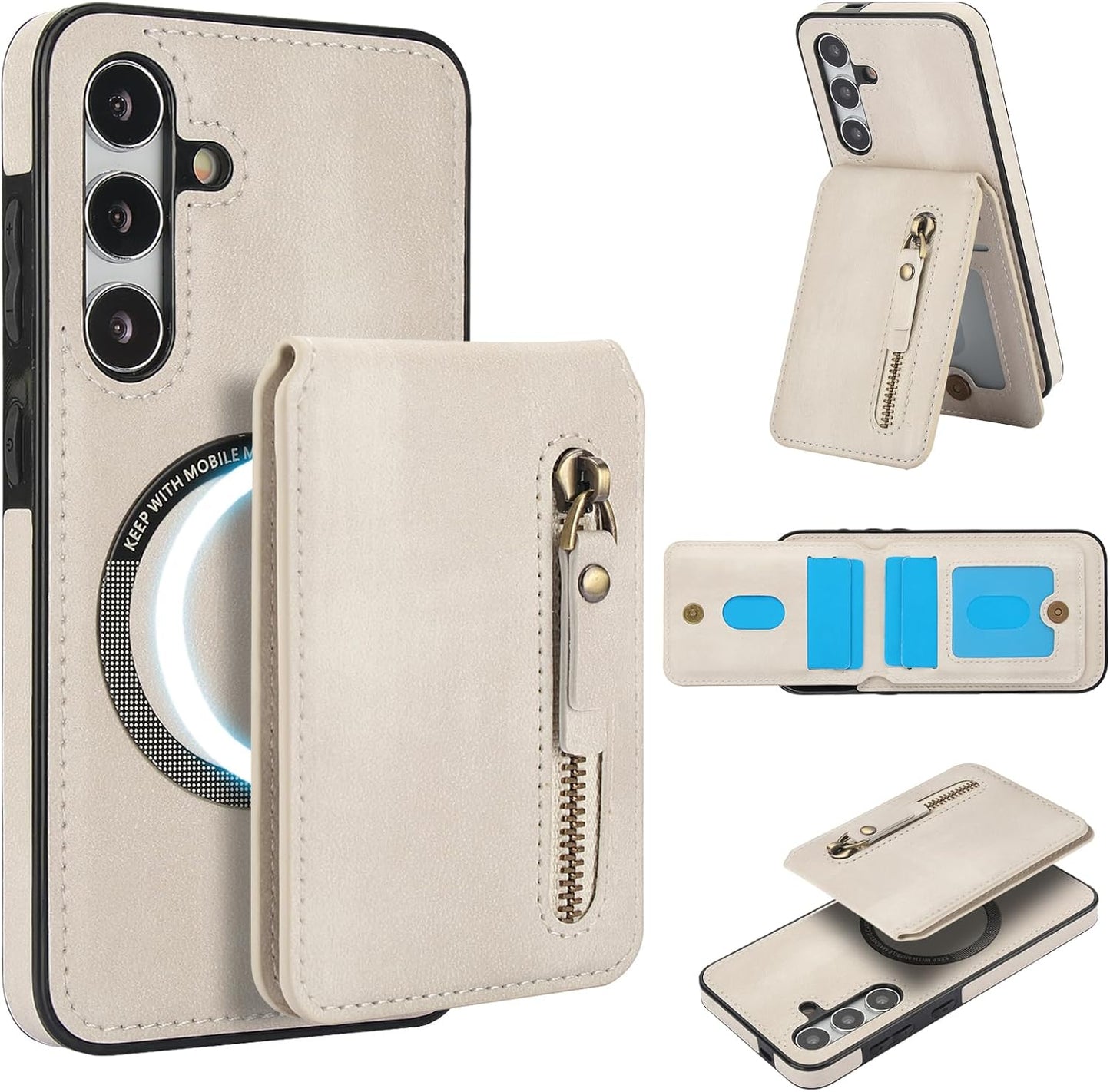 iTape Magnetic card holder phone case suitable for Samsung Galaxy S24+, zipper magnetic split magnetic wallet with adjustable bracket Blue